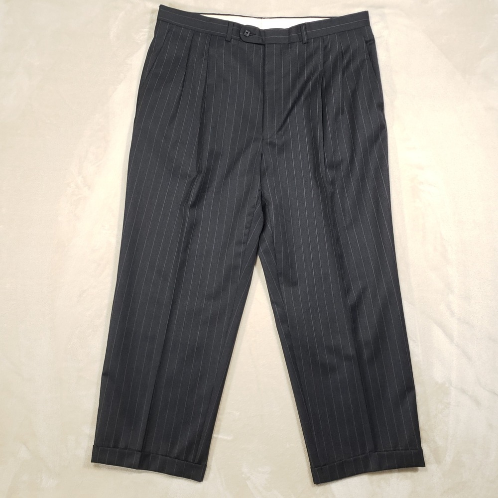 Jack Victor Suit Men 44R Black Pinstripe Super 110s Wool 3-Button Pleated Cuffed - Picture 8 of 16